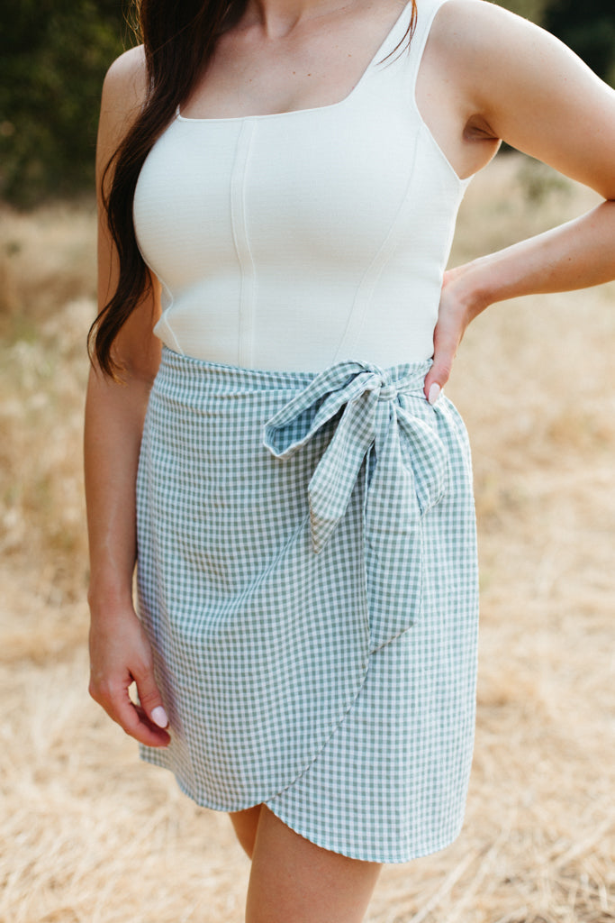 Gingham Tulip Wrap Mini Skirt
