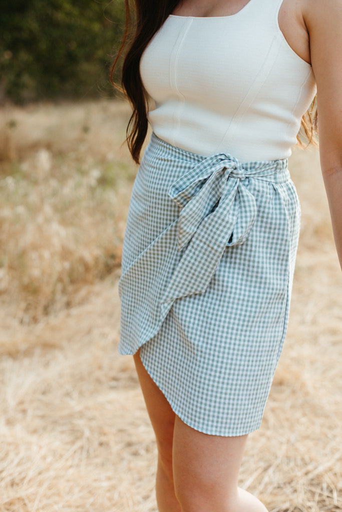 Gingham Tulip Wrap Mini Skirt