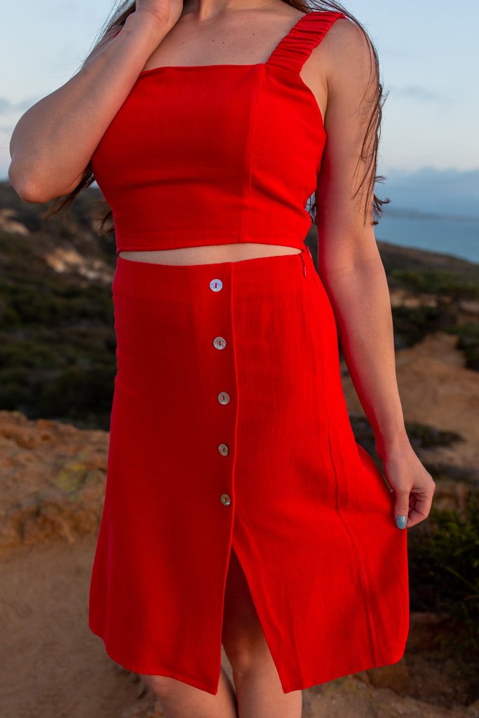 Red Button Down Midi Skirt