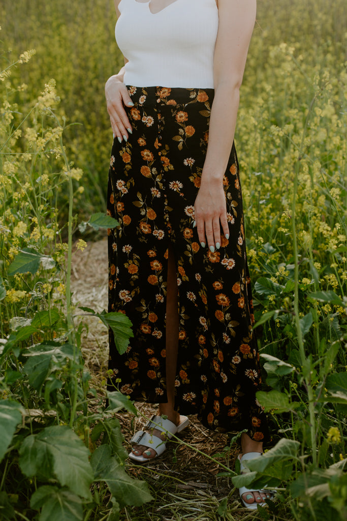 Button Front Floral Skirt