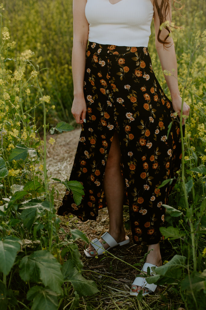 Button Front Floral Skirt
