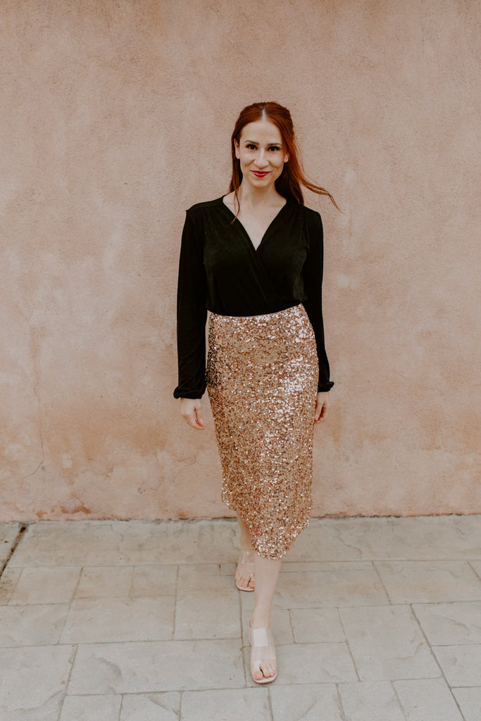 Woven Sequins Midi Skirt (Rose Gold)