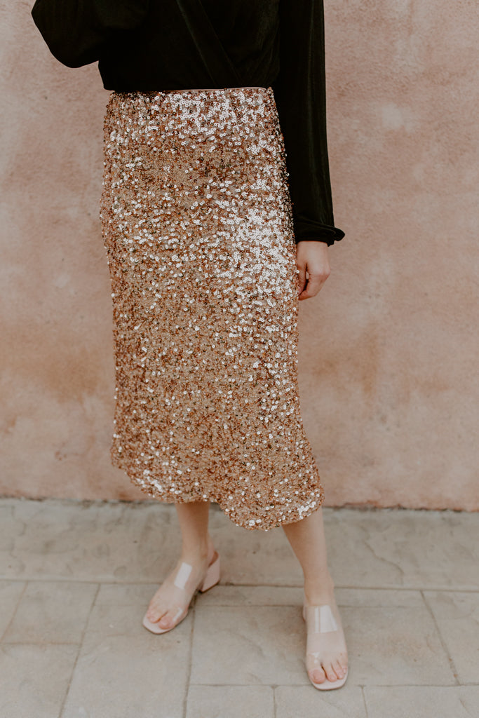 Woven Sequins Midi Skirt (Rose Gold)