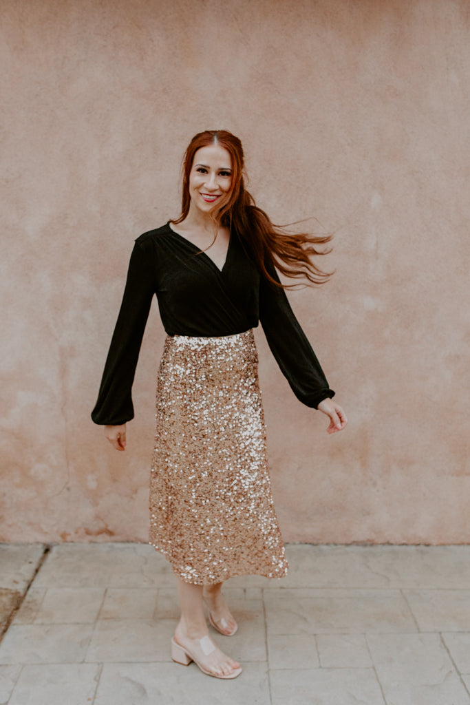 Woven Sequins Midi Skirt (Rose Gold)