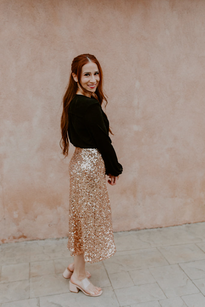 Woven Sequins Midi Skirt (Rose Gold)