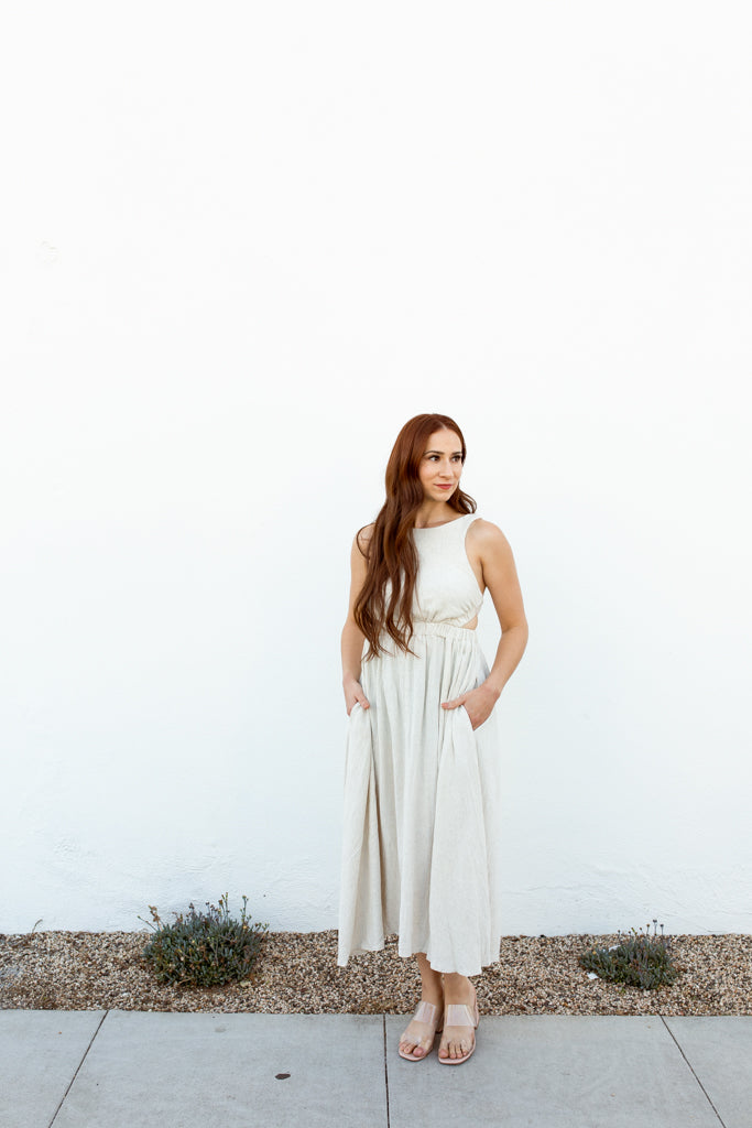 Linen Open Back Elastic Midi Dress