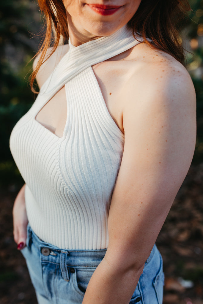 Ribbed Sweater Weaved Crop Top Cream