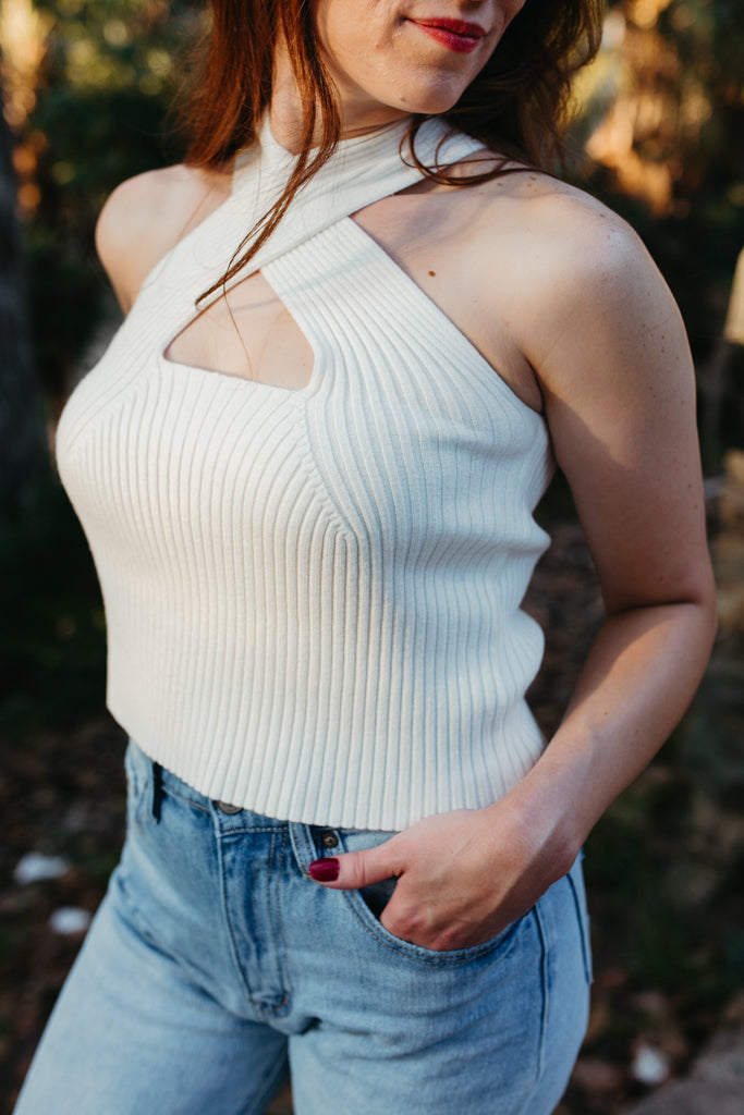 Ribbed Sweater Weaved Crop Top Cream