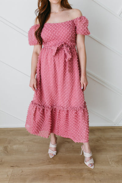 Puff Sleeve Pom Midi Dress