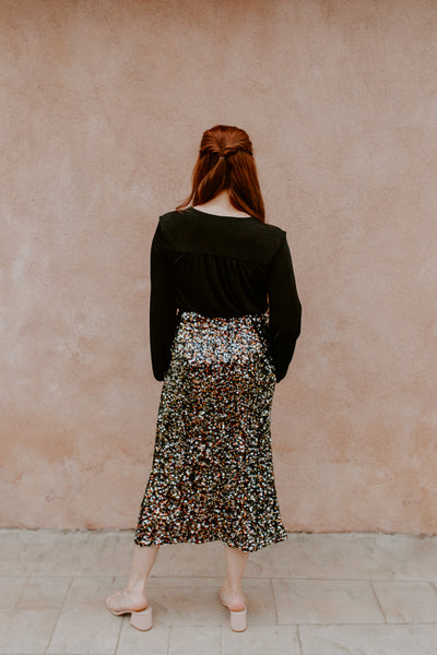 Woven Sequins Midi Skirt (Black)