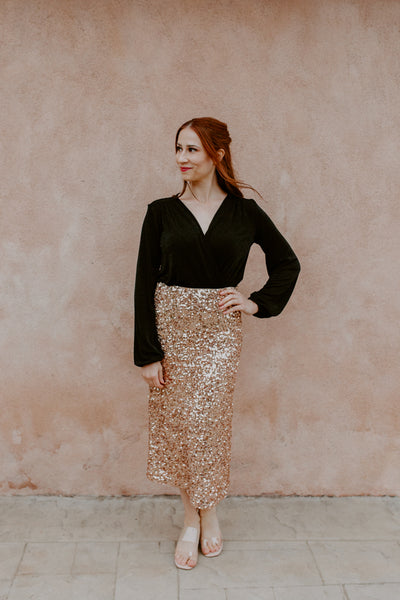 Woven Sequins Midi Skirt (Rose Gold)