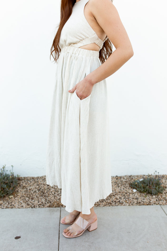 Linen Open Back Elastic Midi Dress